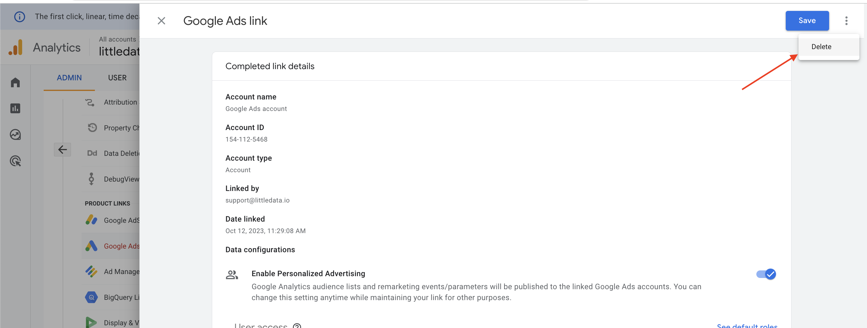 Unlink google ads from google analytics