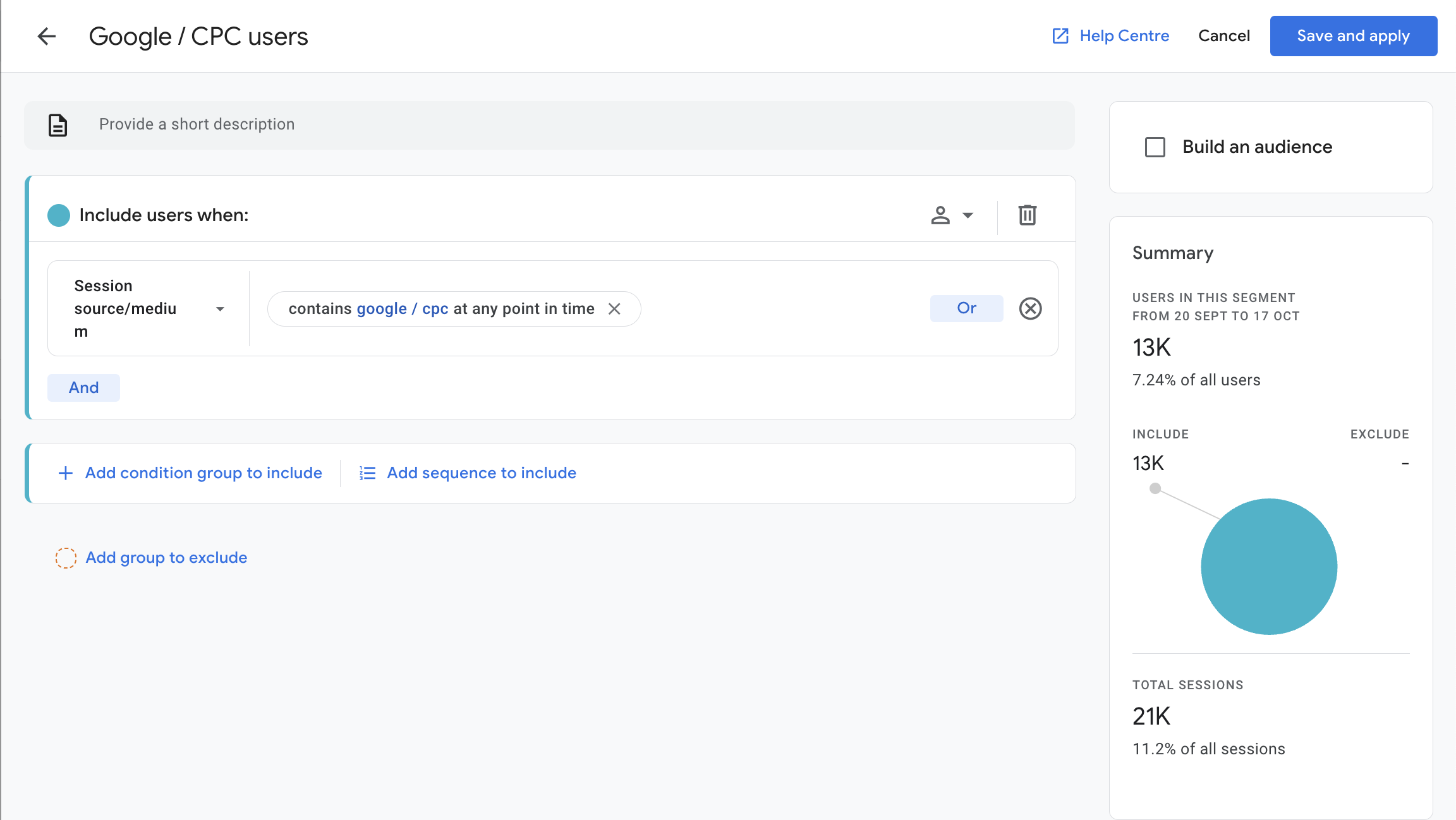 adding user segments - google / cpc