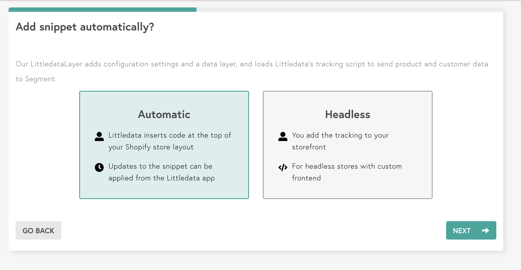 Choose Manual or Automatic Shopify install